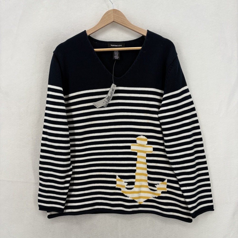 Norton Studio Sweater Womens Large Blue Stripe Anchor V Neck Cotton Nautical NWT